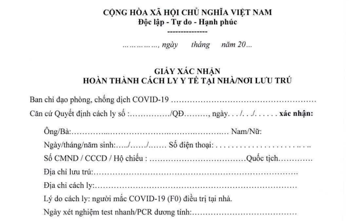 Ảnh chụp một phần Giấy xác nhận hoàn thành cách ly F0 tại nhà